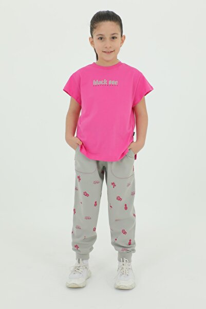 Black One Crew Neck Girl's Print Detailed Cotton Summer T-Shirt Trousers 2-Piece Tracksuit Set