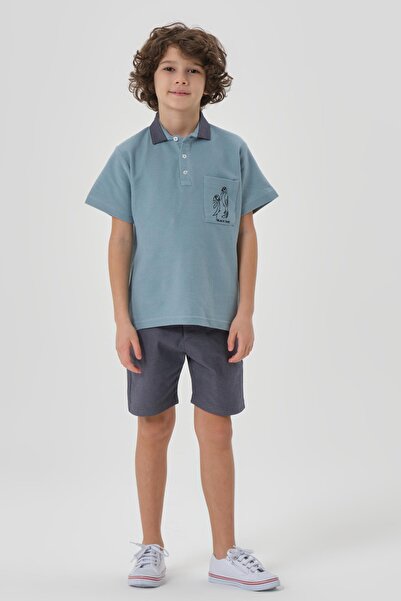 Black One Boy's Cotton Print Detailed Polo Neck T-Shirt Shorts Summer Bottom Top Set