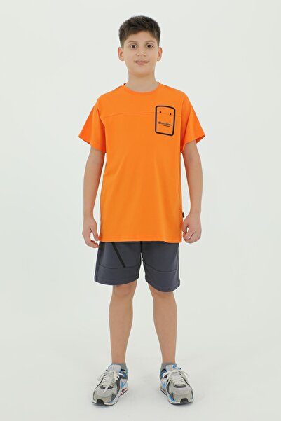 Black One Crew Neck Boy's Print Detailed T-Shirt and Shorts Double Set