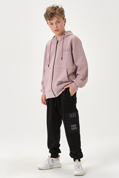 Black One Steel Interlock Fabric Pocket Print Detail Zippered Cap Hooded t To...