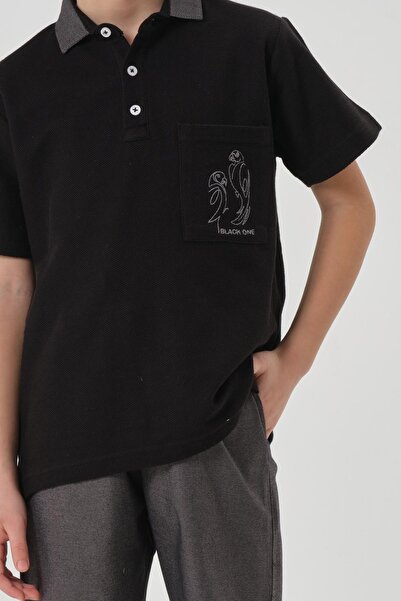 Black One Boy's Cotton Print Detailed Polo Neck T-Shirt Shorts Summer Bottom Top Set