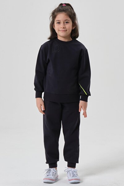 Black One Girls' Circular Neck Steel-Plated Interlock Knitting with Printed Details Tracksuit Bottom and Top Set