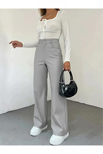 TakıDolabı Pantaloni din piele artificială gri pentru femei Shai – talie înal...