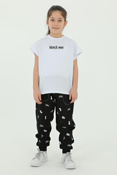 Black One Crew Neck Girl's Print Detailed Cotton Summer T-Shirt Trousers 2-Piece Tracksuit Set