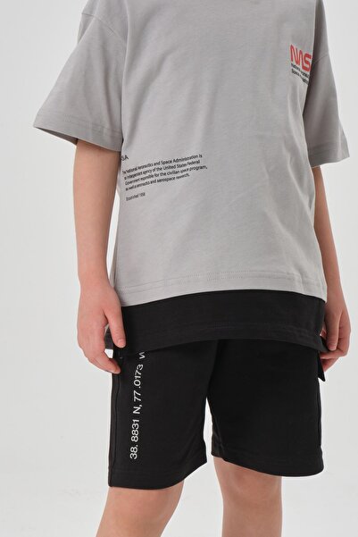 Black One Single Jersey Fabric Summer Print Detailed Pocket and Lanyard Girls' Bottom and Top Set