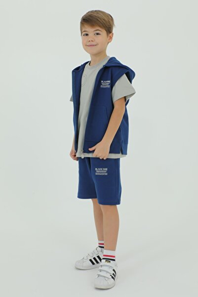 Black One Crew Neck Boy's Vest T-Shirt and Shorts Triple Set