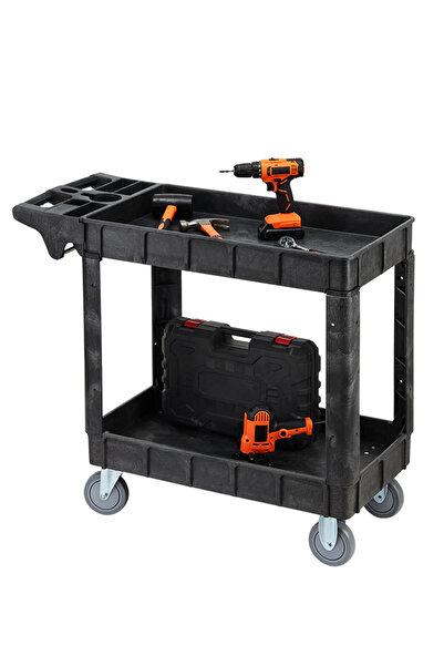 Lawazim 2 Shelf Service Cart Heavy Duty Tool Trolley with Wheels for Garage and Workshop