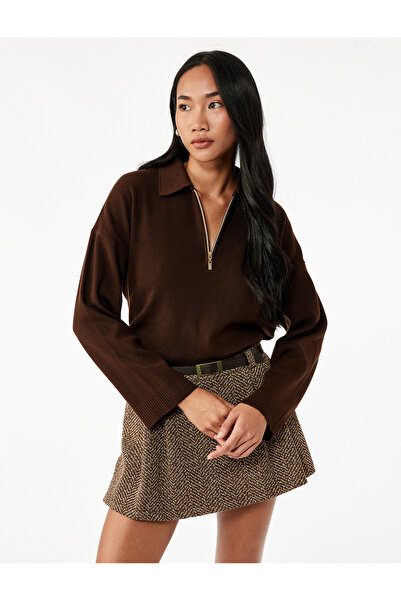 Koton Пуловер с дълъг ръкав и поло яка с цип и оверсайз