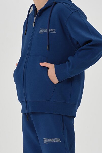 Black One Lycra Free Double Face Interlock Fabric Seasonal Print Detailed Pocket Corded Boys' Tracksuit