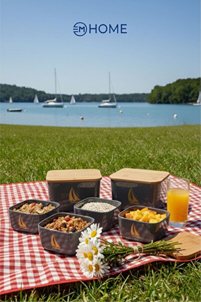 CEM HOME Set of Six Storage Containers Lunch Box with Natural Wooden Lid (4X400Ml-2X800Ml)