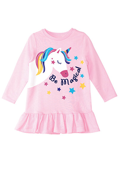 Denokids Unicorn Magic Kız Çocuk Pembe Uzun Kollu Fırfırlı Elbise