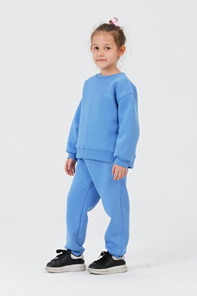 Black One KIZ ÇOCUK BİSİKLET YAKA 3 İPLİK KUMAŞTAN BASKILI ÇOCUK ALT ÜST EŞOFMAN TAKIMI