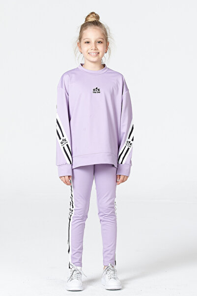 Black One Girls' Striped Detail Piece Casual Sweatshirt and Leggings Sport Set – Relaxed Fit, Soft Fabric