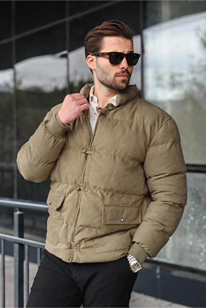 Madmext Ανδρικό πουπουλένιο παλτό με χακί κουμπιά και όρθιο γιακά E7435