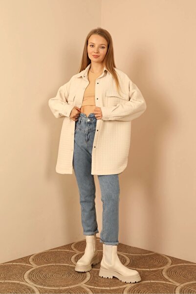 Genel Markalar Jakar Kumaş Küçük Kare Desen Oversize Kadın Gömlek-Taş