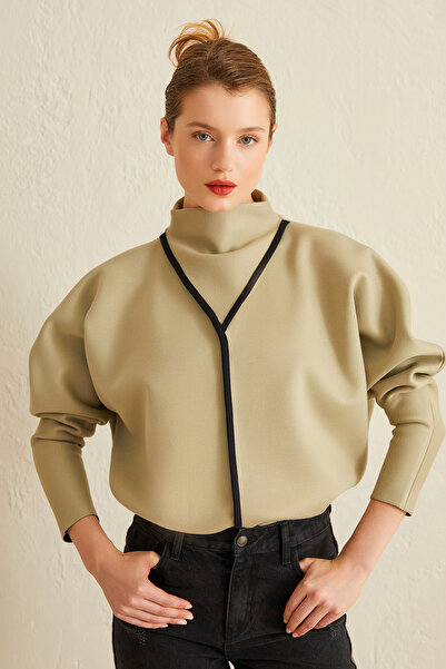 Jus De Pommes MİNT SİYAH ŞERİTLİ BALON KOLLU ÖRME BLUZ