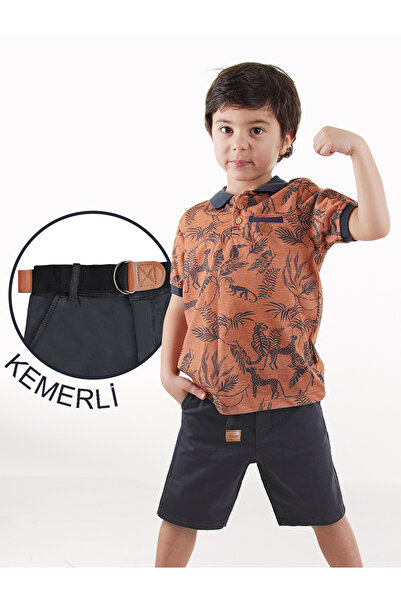 Midimod Set 3 piese pentru băieți, tricou cu gât polo, pantaloni scurți, set cu centură