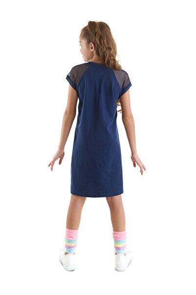 MSHB&G Navy Blue Glitter Cat Girl's Summer Dress - Detailed Sleeves