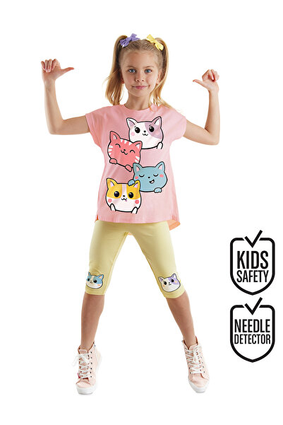 Denokids Kediler Kız Çocuk Yazlık Tunik T-shirt Tayt Takım