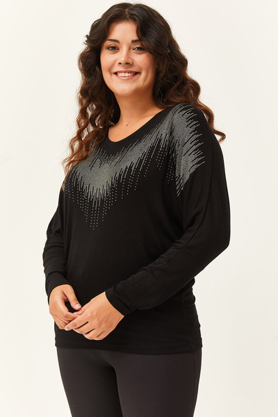 Ebsumu Kadın Büyük Beden Yaka Gri Taş Işlemeli Siyah Bluz