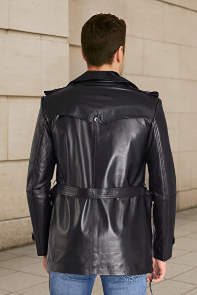 DERİJE Valdes Hakiki Deri Erkek Siyah Kuşaklı Trençkot