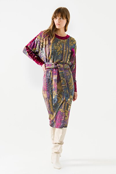 Jus De Pommes Kadın Mor Kuşaklı Desenli Elbise