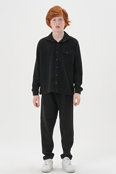 Black One Jacquard Match Pattern Button Detailed Top and Bottom Set