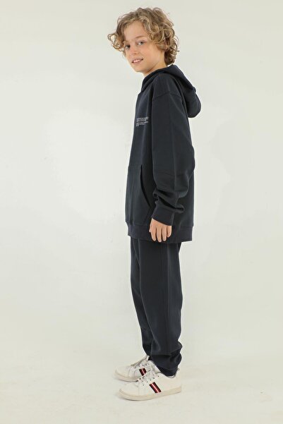 Black One Basic Boy's Tracksuit Set with Hooded Print Detail and Steel Interlock Fabric