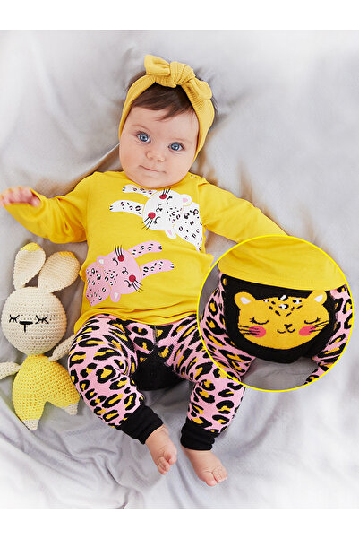 Denokids Leopar Kız Bebek T-shirt Tayt-Pantolon Takım