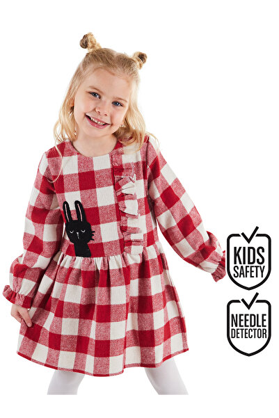 Denokids Rochie elastică cu mâneci pentru fete în carouri roșii iepure negru