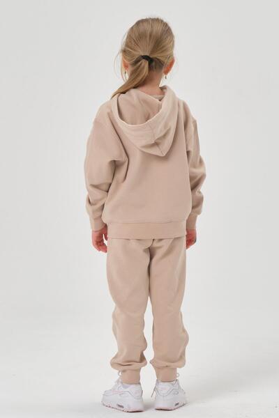 Black One Hooded Zippered Double Face Cotton Girls' and Boys' 2-Piece Top and Bottom Tracksuit Set