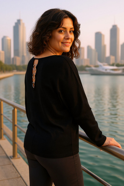 Ebsumu Women's Plus Size Black Blouse with Back Hoop Detail