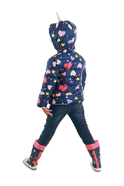 Denokids Unicorn Kız Çocuk Su İtici Kapüşonlu Lacivert Mont