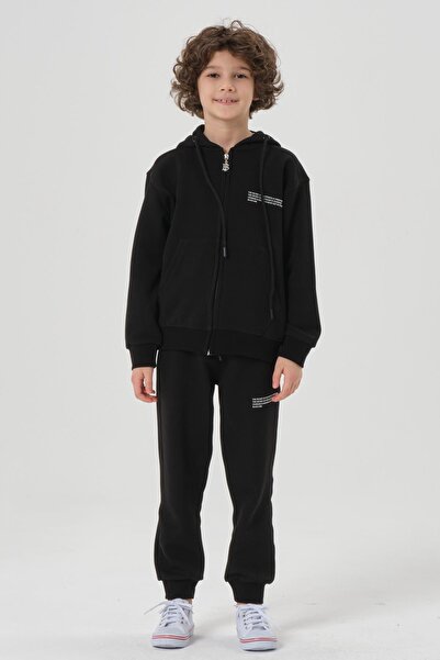 Black One Lycra Free Double Face Interlock Fabric Seasonal Print Detailed Pocket Corded Boys' Tracksuit