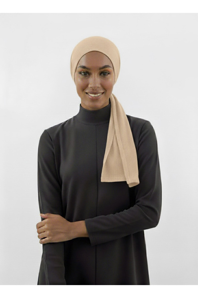 elysianfidan Pleated Tie Beige Ready-To-Wear Turban Hijab Bonnet
