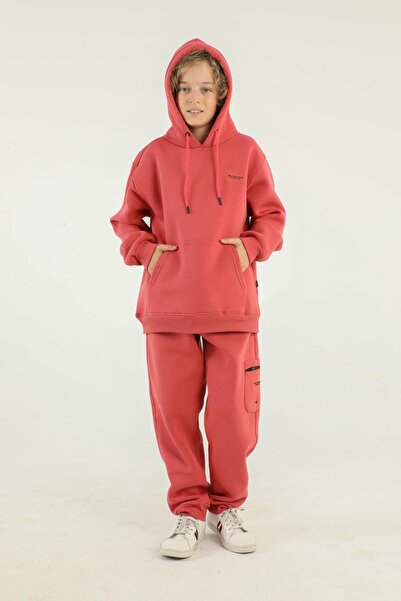 Black One Hooded Cargo Pocket Print Detailed Boy's Tracksuit Set