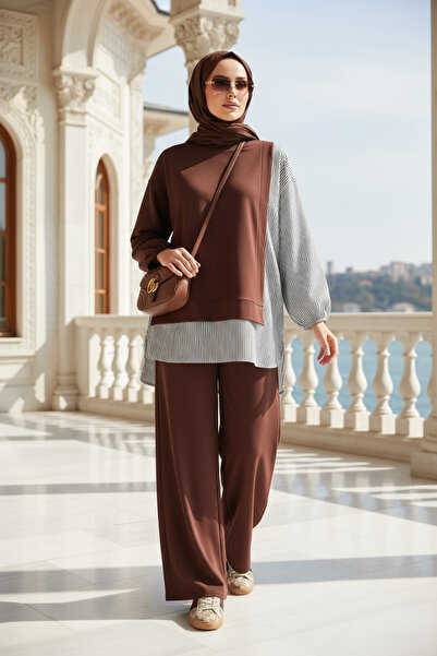 Aselim Hijap Moda Γυναικείο Σετ Χιτζάμπ Σετ Πουκάμισο Διπλό Σετ Ακιτζάμπ Ανοιχτό καφέ