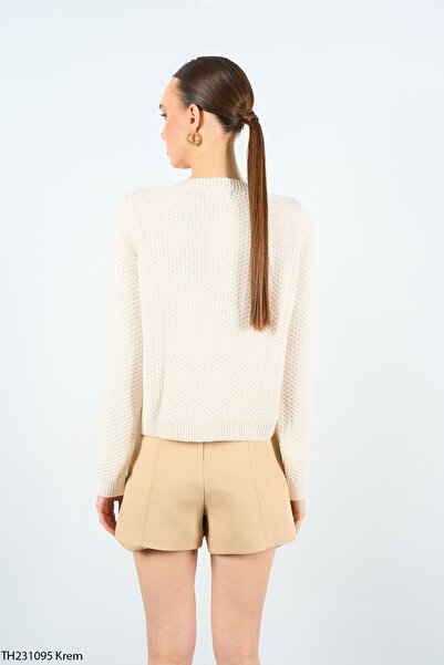 Ravencia Beige Women's Cardigan - Crew Neck, Texture and Pocket