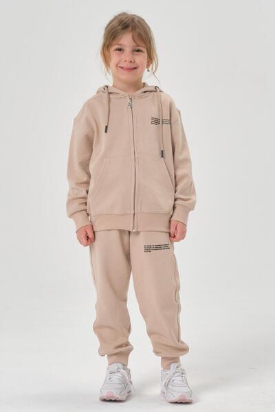 Black One Hooded Zippered Double Face Cotton Girls' and Boys' 2-Piece Top and Bottom Tracksuit Set