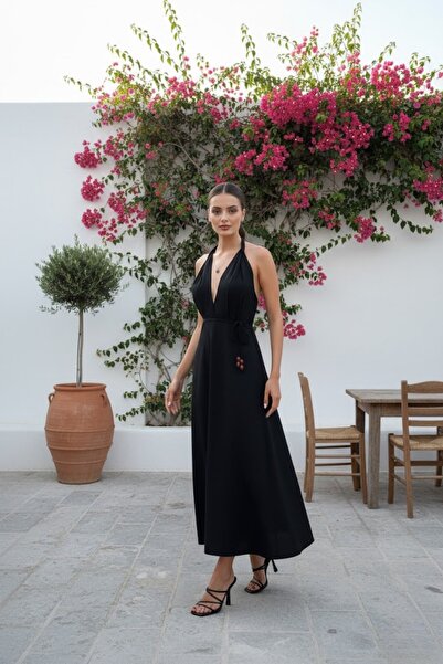 Ravencia Women'S Linen DreSS - HAlter Neck And BAckleSS DeSign