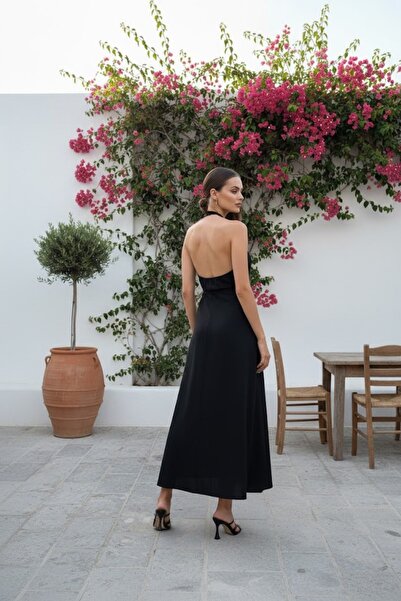 Ravencia Women'S Linen DreSS - HAlter Neck And BAckleSS DeSign