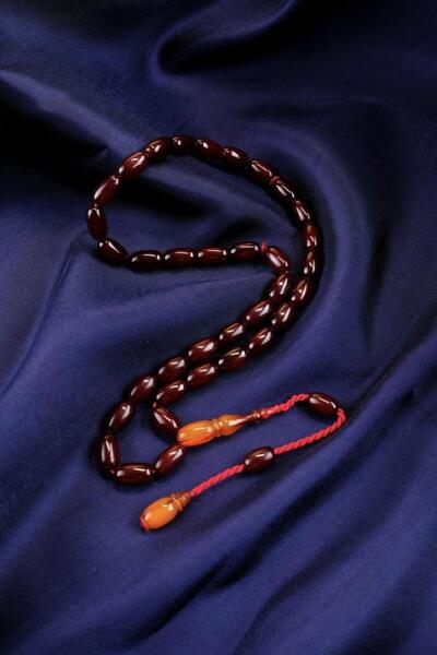 dergah tesbih Numan Çamurdaş İşçiliği Vişne Renginde Üst Düzey Koleksiyonluk Eski Osmanlı Sıkma Kehribar