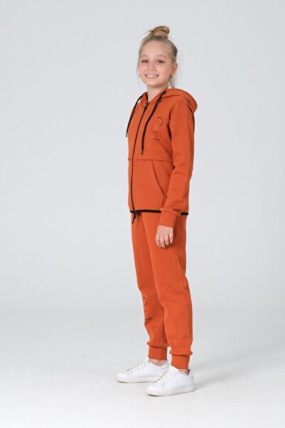 Black One Σετ αθλητικής φόρμας με κουκούλα από ύφασμα Pique για κορίτσι - Διπλή τσέπη με φερμουάρ και λεπτομέρεια εκτύπωσης