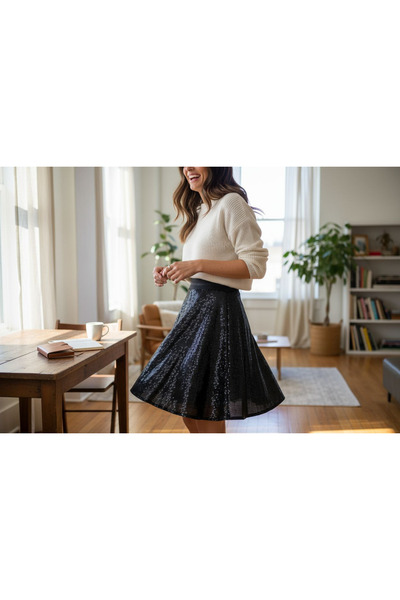 SADECE SEN DE PULLU PARLAK KUMAŞ RUGAN GÖRÜNÜMLÜ BELİ LASTİKLİ SİYAH KLOŞ ETEK