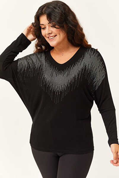 Ebsumu Kadın Büyük Beden Yaka Gri Taş Işlemeli Siyah Bluz