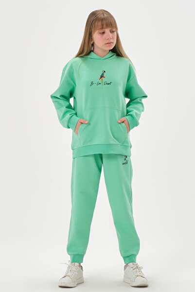 Black One Kapüşonlu Nakış Detaylı Kız Çocuk Eşofman Takımı