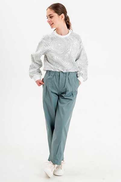 Black One Girl's Crew Neck Print Detailed Top Wide Leg Palazzo Linen Fabric Trousers Bottom Top Set