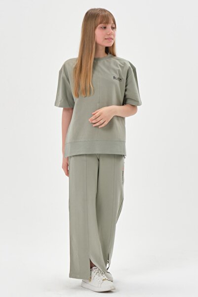 Black One Girl's Crew Neck Printed Slit Detail Plaid Diagonal Jacquard Fabric Bottom Top