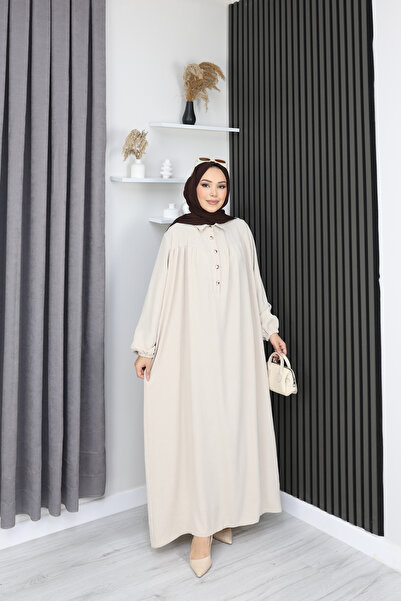 OKTAYUSTA COLLECTİON Mevlana Dress with Half Button Front Shirt Collar Robe Beige