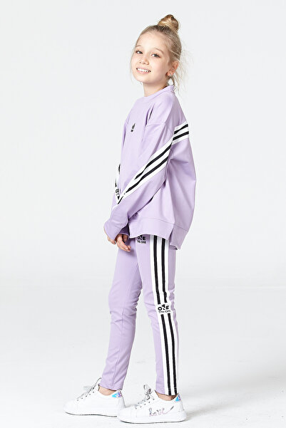 Black One Girls' Striped Detail Piece Casual Sweatshirt and Leggings Sport Set – Relaxed Fit, Soft Fabric